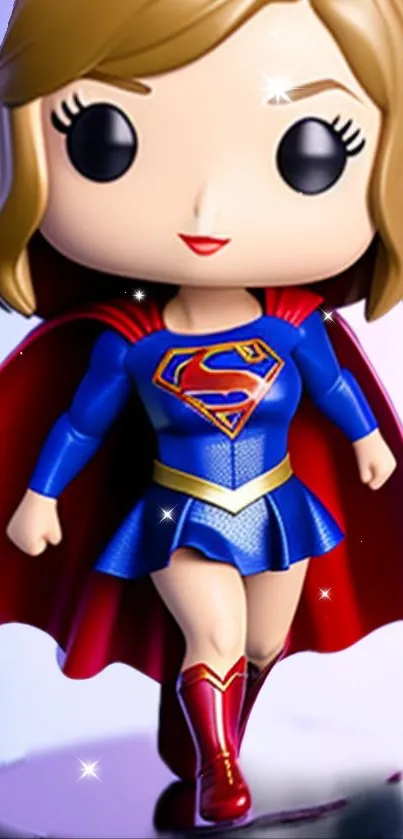 Chibi superhero figure in blue outfit and red cape mobile wallpaper.