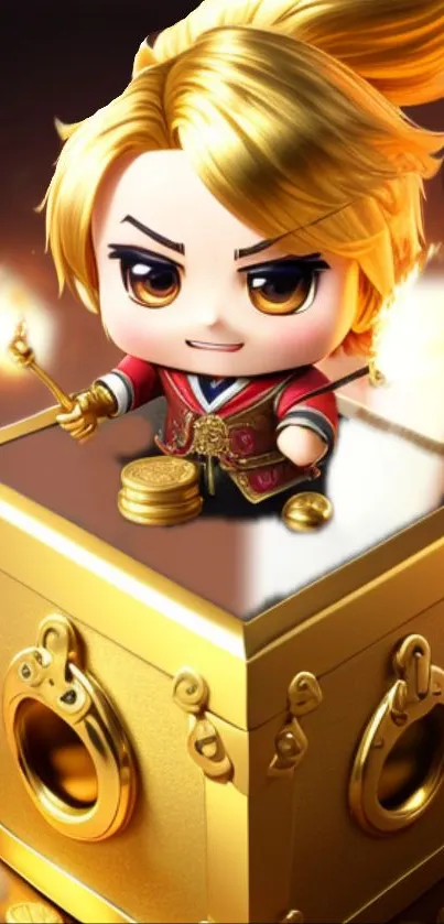 Chibi character on a golden treasure chest, holding a coin and torch.