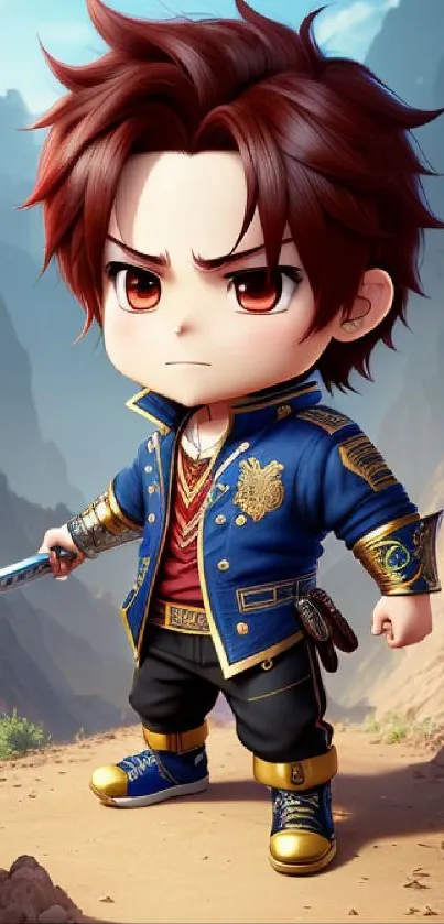 Chibi anime warrior in vibrant mountain setting.