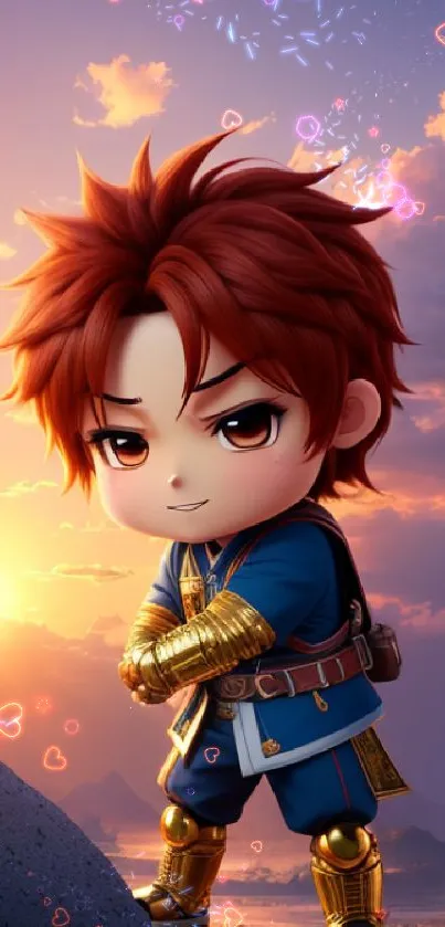 Chibi warrior stands bravely at sunset with dramatic sky.