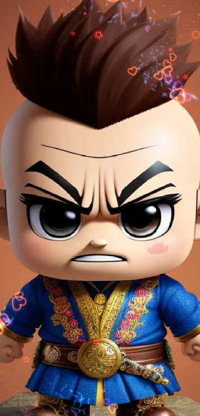 Chibi warrior cartoon character in traditional attire on terracotta background.