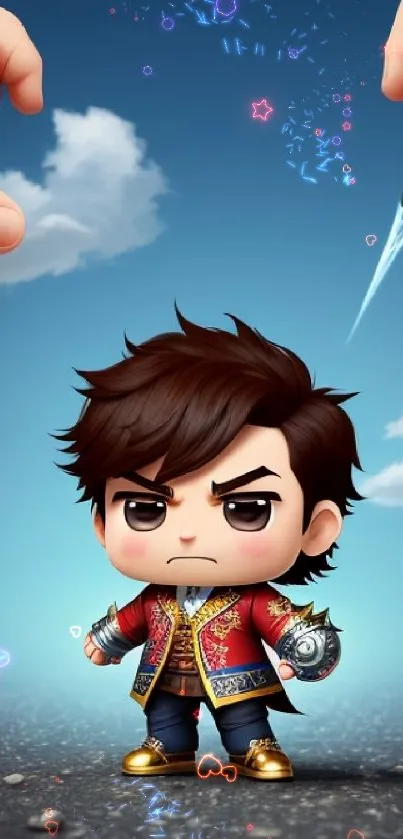 Chibi warrior with sky background mobile wallpaper.