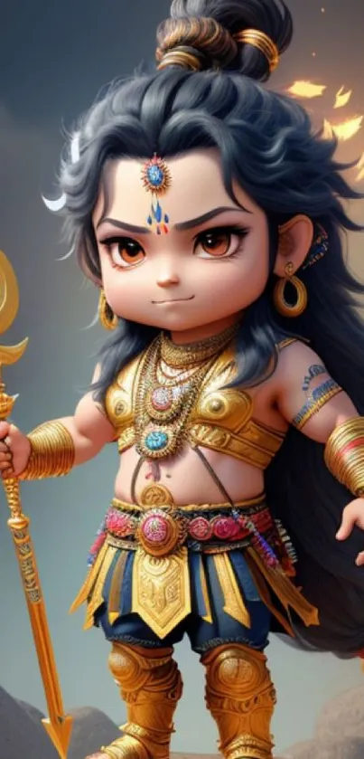 Chibi warrior in vibrant costume with a spear on rocky background.