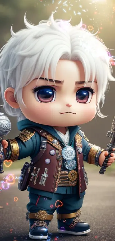 Chibi warrior in fantasy setting with detailed costume and accessories.