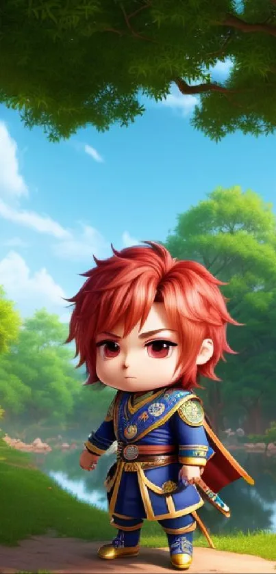 Chibi warrior in a vibrant forest landscape with lush greenery and clear skies.