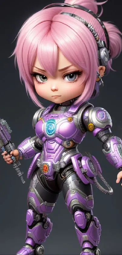 Pink-haired chibi warrior in purple armor holding a futuristic weapon.