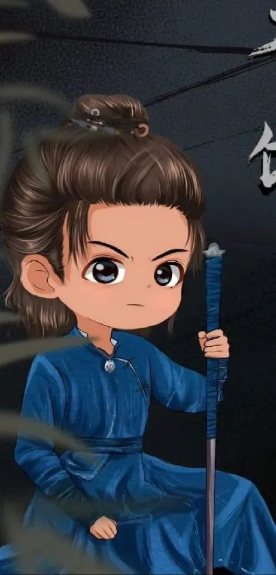 Chibi warrior in blue outfit holding a staff with detailed background.