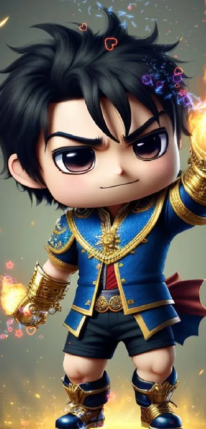 Anime chibi warrior with fire powers in a blue outfit on a vibrant wallpaper background.