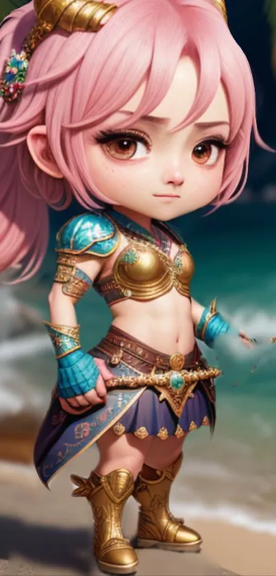 Chibi warrior with pink hair on a tropical beach.