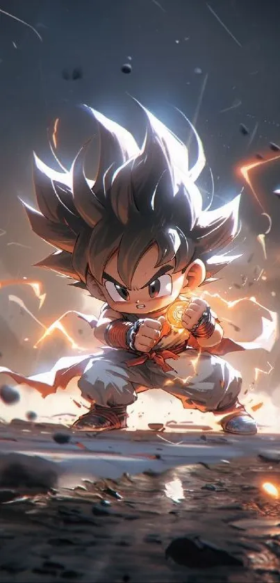 Chibi warrior surrounded by energy and lightning in dynamic pose.