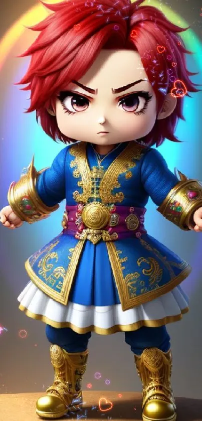 Chibi warrior in blue with colorful aura background.