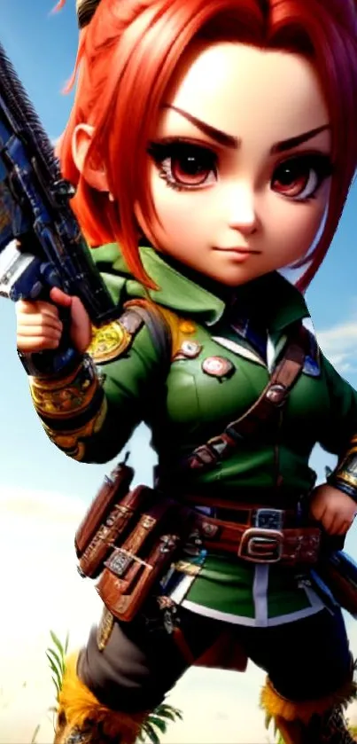 Chibi anime warrior with red hair in green outfit.