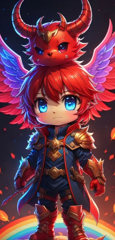 Chibi warrior with wings and red creature on head.