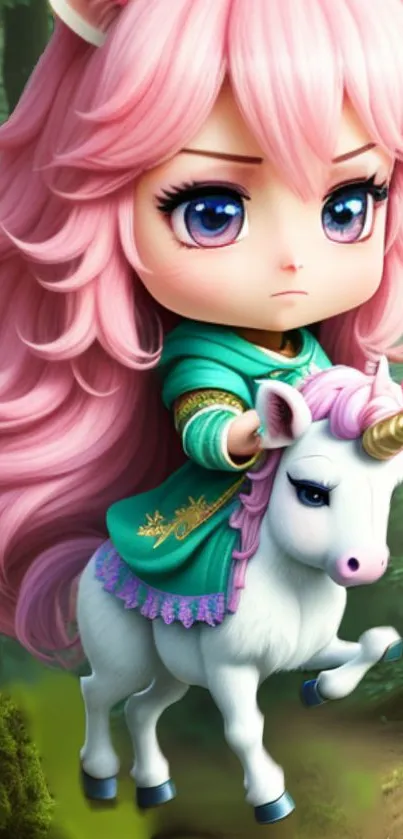 Chibi warrior with pink hair riding a unicorn in a forest.