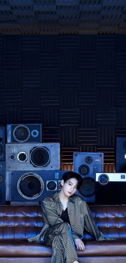 Stylish person sitting in a room filled with vintage speakers.