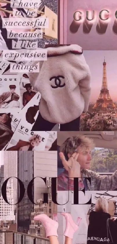 Chic aesthetic collage featuring Vogue, Gucci, and Paris in dusty pink tones.