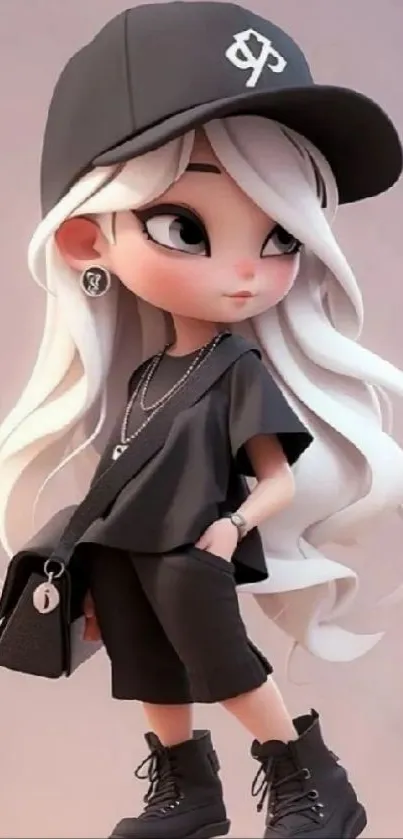 Stylish animated girl with white hair and trendy dark outfit.