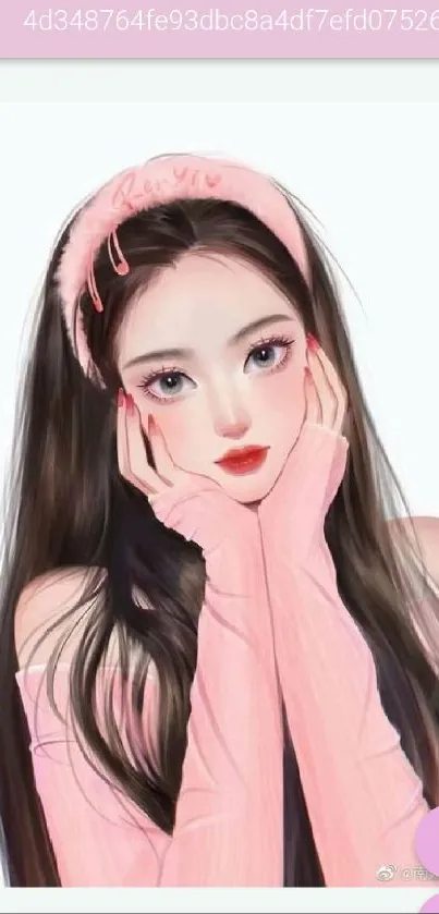 Anime girl with pink headband and gloves, dreamy expression.