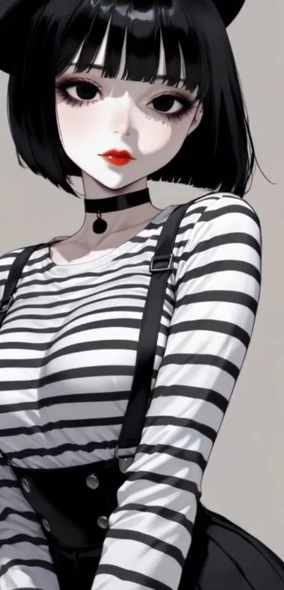 Stylish anime girl with striped shirt and bob haircut.