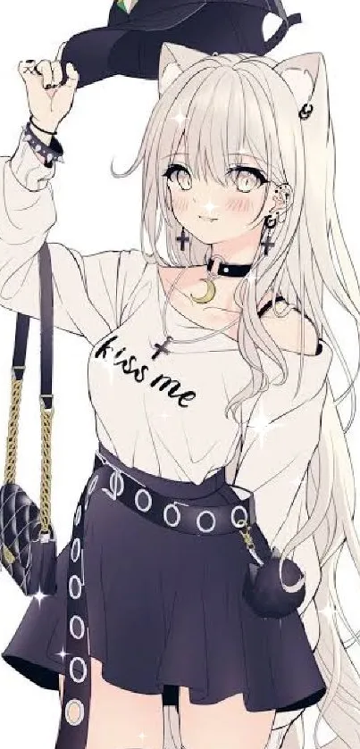 Chic anime girl with trendy outfit and accessories.