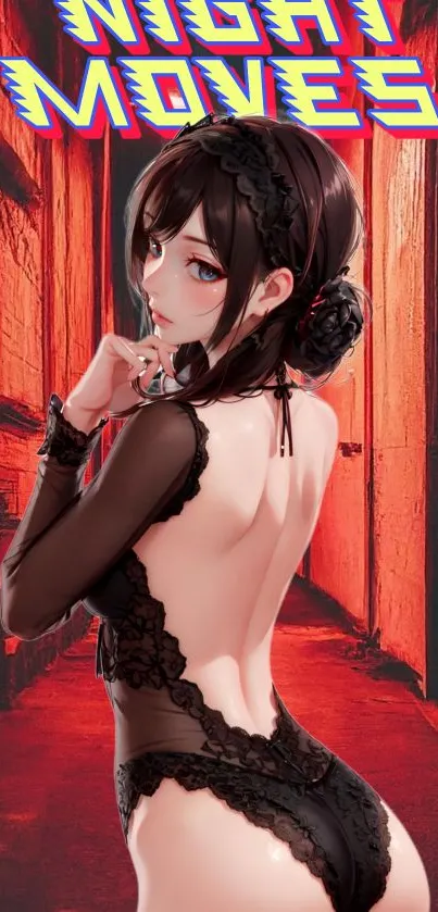 Anime character with Night Moves text in a vibrant red alley.