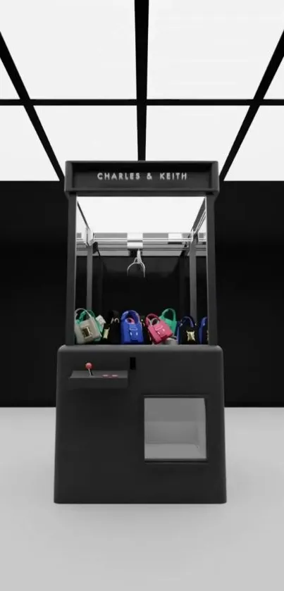 Black arcade machine with colorful bags in a minimalist setting.