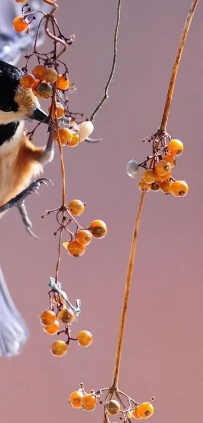 Elegant bird perched on a berry branch with peach background.