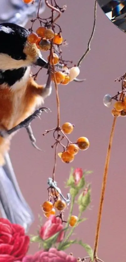 Chic bird perched on floral branch with vibrant berries and peach background.