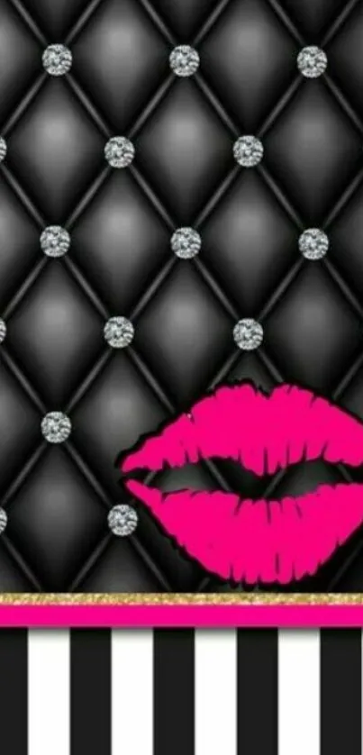 Chic black wallpaper with pink lips and diamond accents.