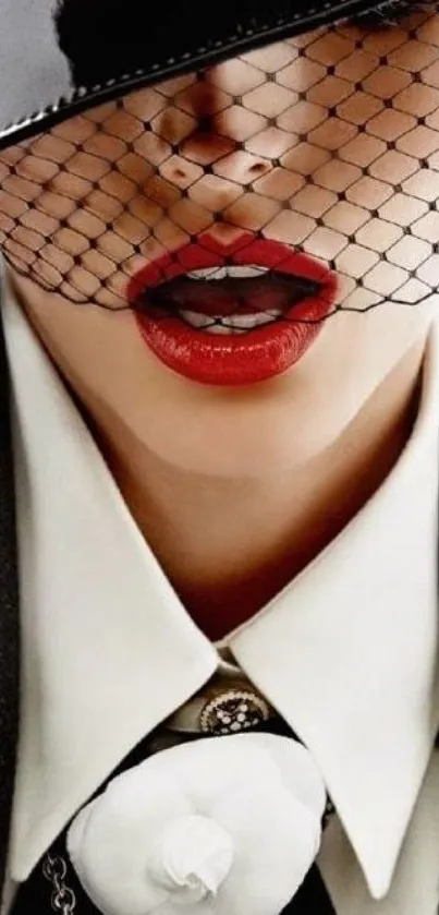 Elegant black and white art with red lips and veiled hat.