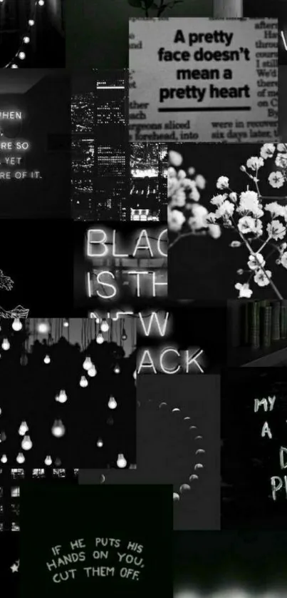 Black and white collage wallpaper with quotes, lights, and floral designs.