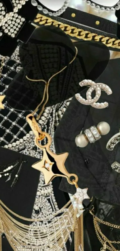 Black and gold fashion accessories wallpaper with pearls.