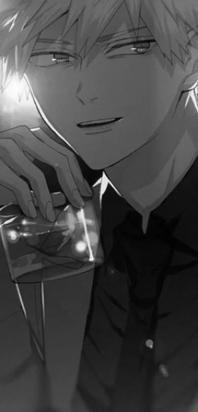 Black and white anime character in suit holding a drink with a confident smile.