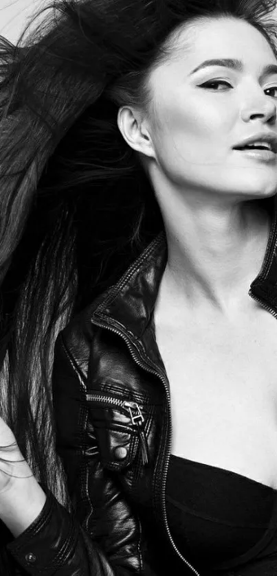 Chic woman in black leather jacket, monochrome style.