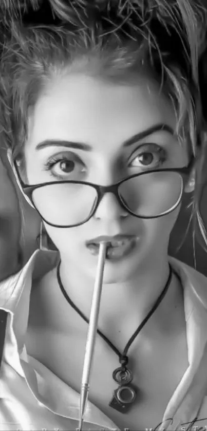 Black and white wallpaper featuring a woman with glasses and a pencil.