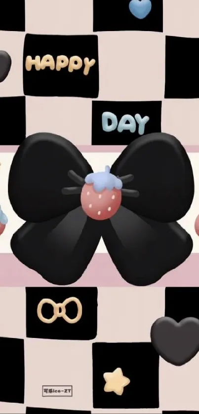 Black bow with strawberries on checkered background wallpaper.