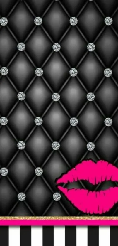 Chic black wallpaper with diamonds and pink kiss.