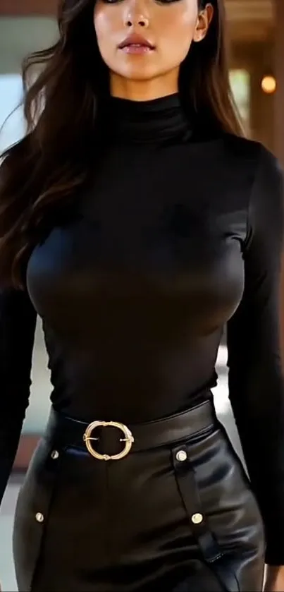 Woman in chic black fashion portrait.