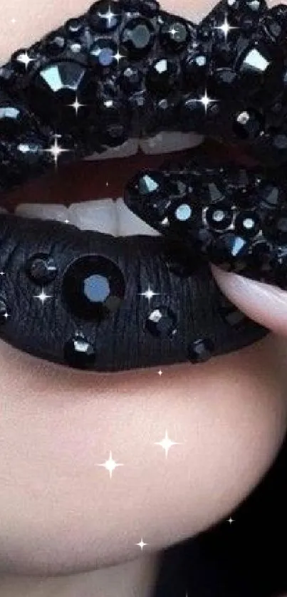 Black lip art with gems, chic and glossy.