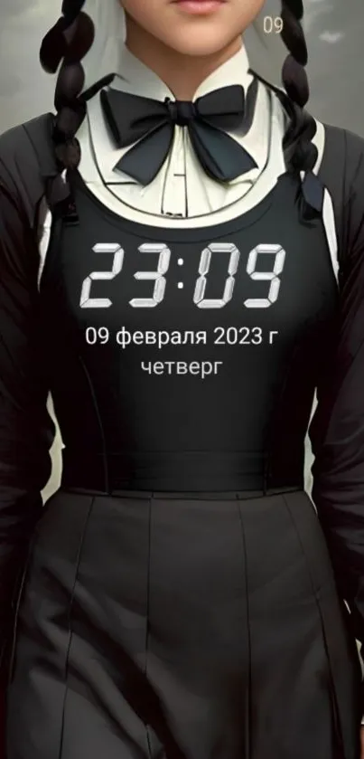 Wallpaper featuring a black outfit with a digital clock display.