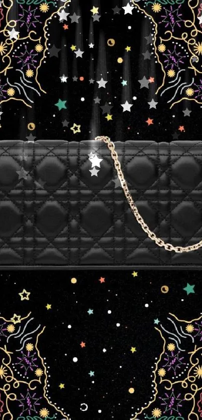 Chic black purse with gold chain on vibrant decorative background.