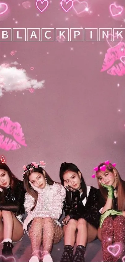 Blackpink-themed wallpaper with hearts, clouds, and pink accents.