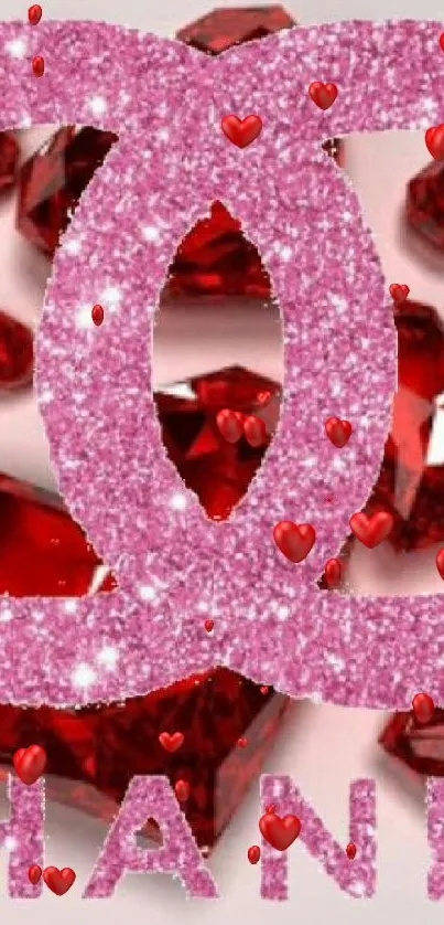 Pink glitter logo with red hearts background.