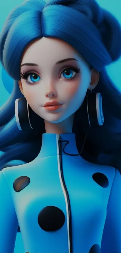 Blue animated character with headphones in stylish design.