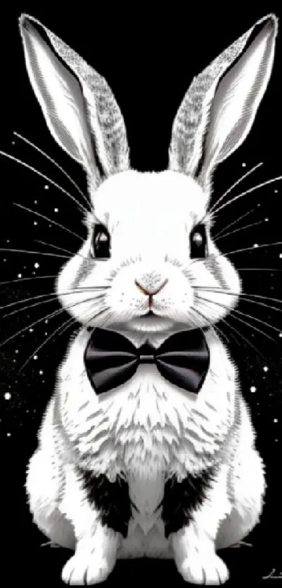 Elegant black and white wallpaper with a rabbit in a bow tie.