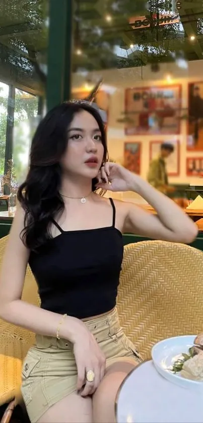 Stylish woman in café setting with chic décor.
