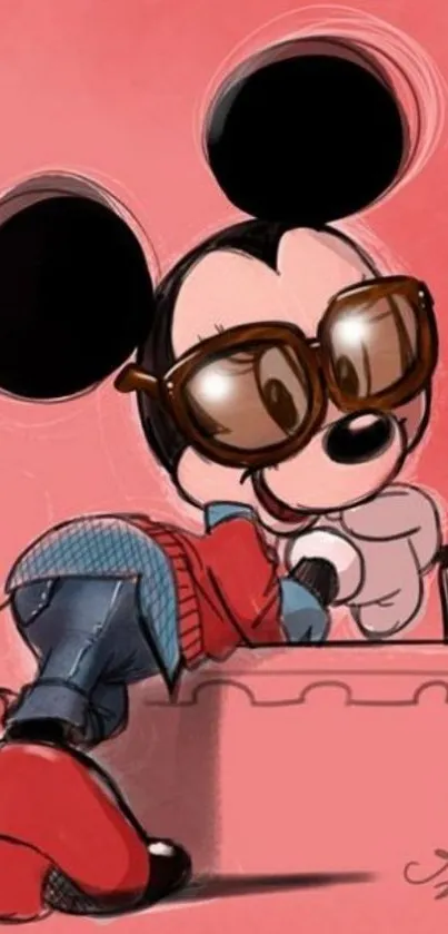 Cartoon character in sunglasses with coffee against pink background.