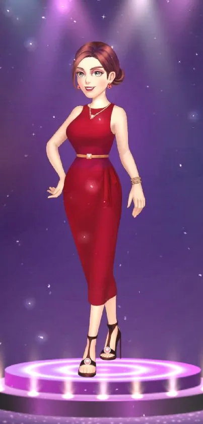 Cartoon character in red dress on a purple stage with vibrant lighting.