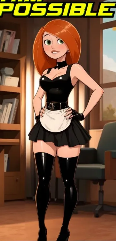 Cartoon character with orange hair in a chic black and white outfit.