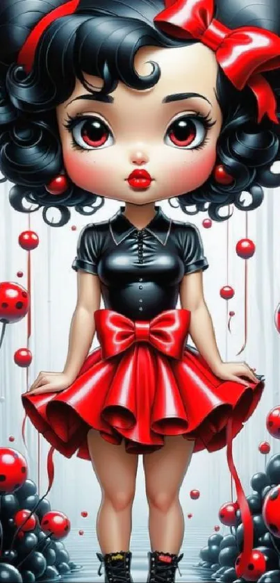 Stylish cartoon girl in a red and black outfit with bows and ladybugs.